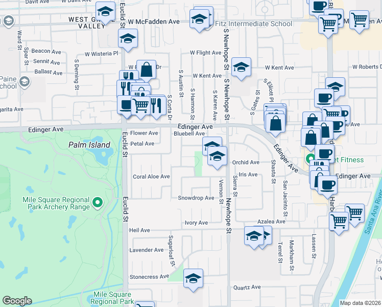 map of restaurants, bars, coffee shops, grocery stores, and more near 11347 Carob Circle in Fountain Valley