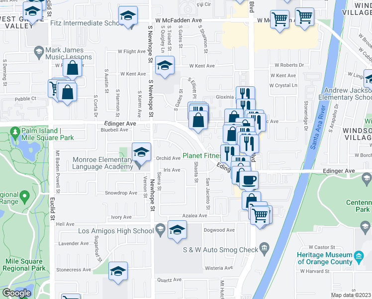 map of restaurants, bars, coffee shops, grocery stores, and more near 11671 Rosemary Avenue in Fountain Valley