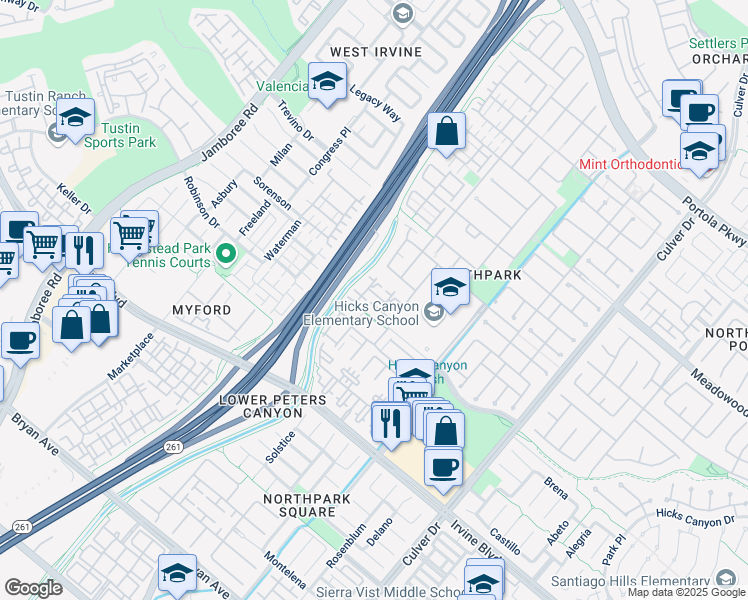 map of restaurants, bars, coffee shops, grocery stores, and more near 502 Terra Bella in Irvine