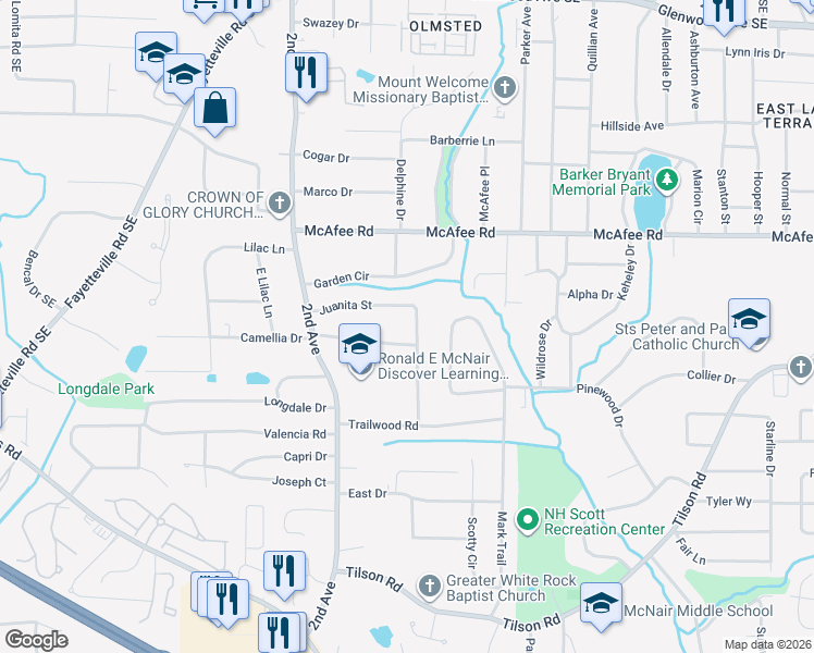 map of restaurants, bars, coffee shops, grocery stores, and more near 2113 Juanita Street in Decatur