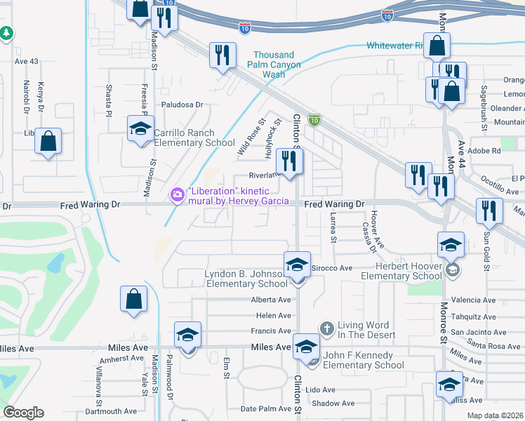 map of restaurants, bars, coffee shops, grocery stores, and more near 81380 Van Gogh Court in Indio