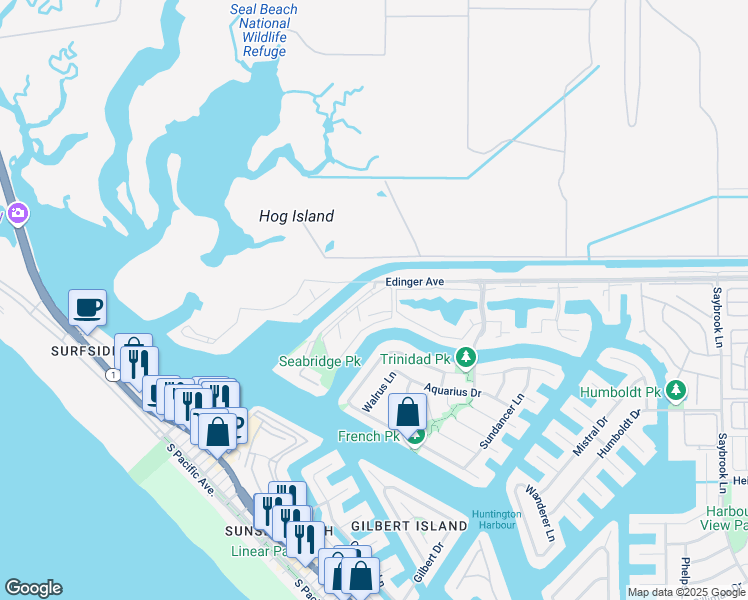 map of restaurants, bars, coffee shops, grocery stores, and more near 3372 Sparkler Drive in Huntington Beach