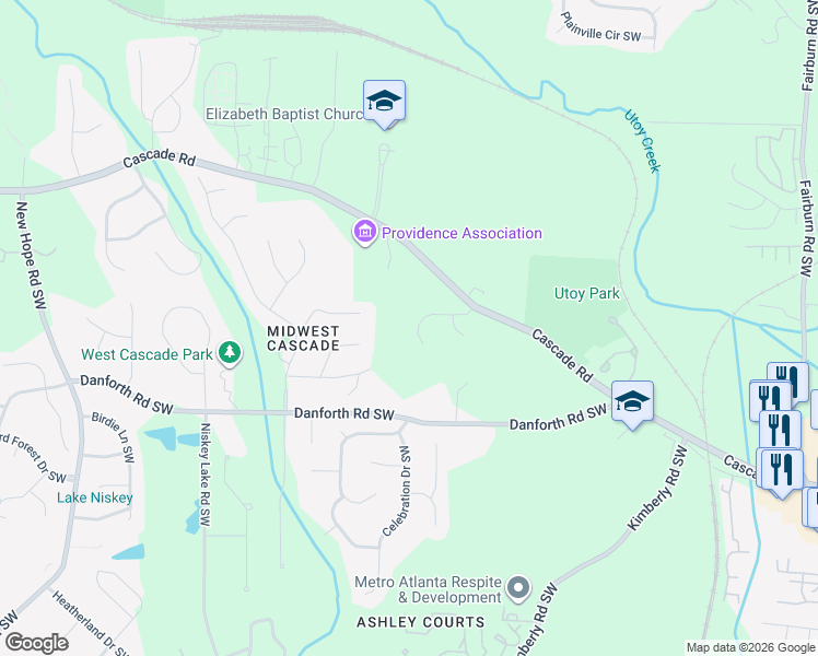 map of restaurants, bars, coffee shops, grocery stores, and more near 4185 Manor Hills Lane Southwest in Atlanta