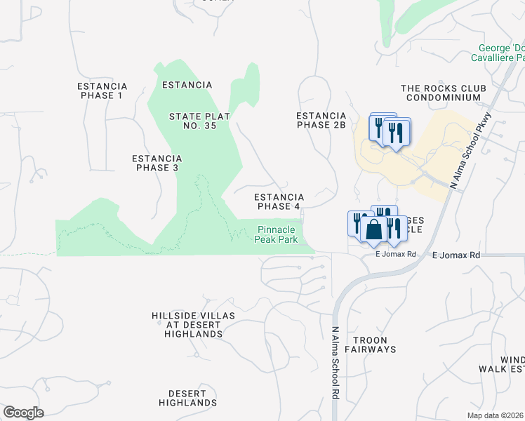 map of restaurants, bars, coffee shops, grocery stores, and more near 10171 East Peak Circle in Scottsdale