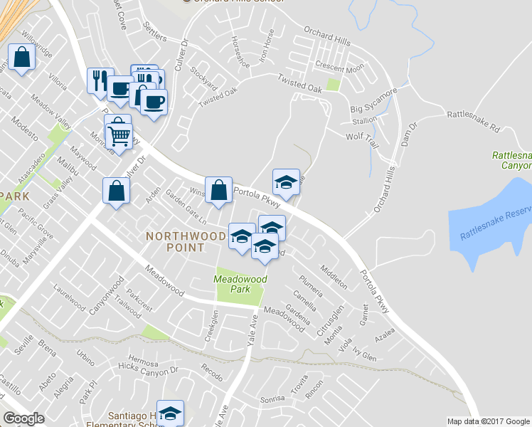 map of restaurants, bars, coffee shops, grocery stores, and more near 1100 Timberwood in Irvine