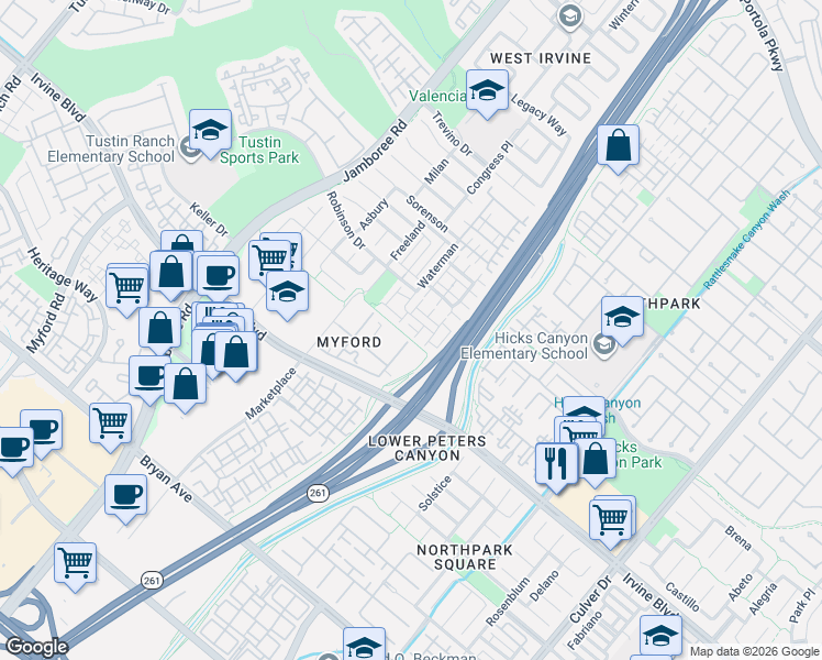 map of restaurants, bars, coffee shops, grocery stores, and more near 16 Starwood in Irvine