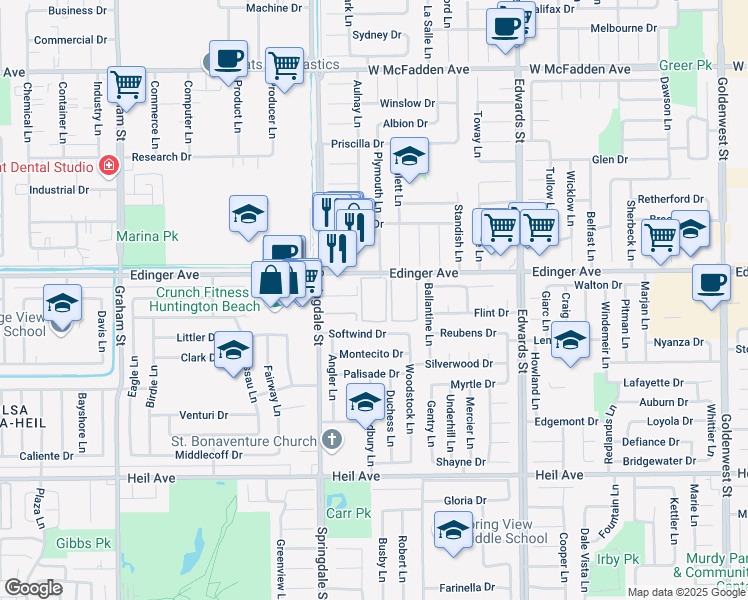 map of restaurants, bars, coffee shops, grocery stores, and more near 6100 Edinger Avenue in Huntington Beach