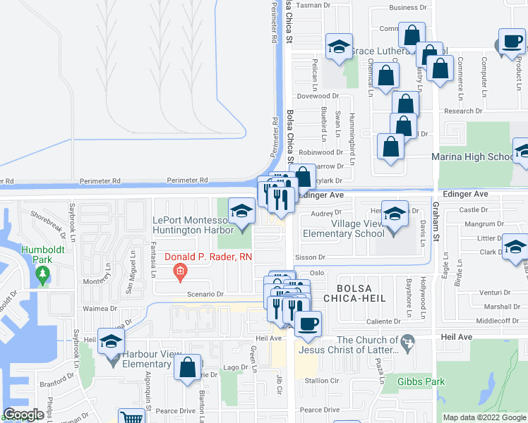 map of restaurants, bars, coffee shops, grocery stores, and more near 16033 Bolsa Chica Street in Huntington Beach