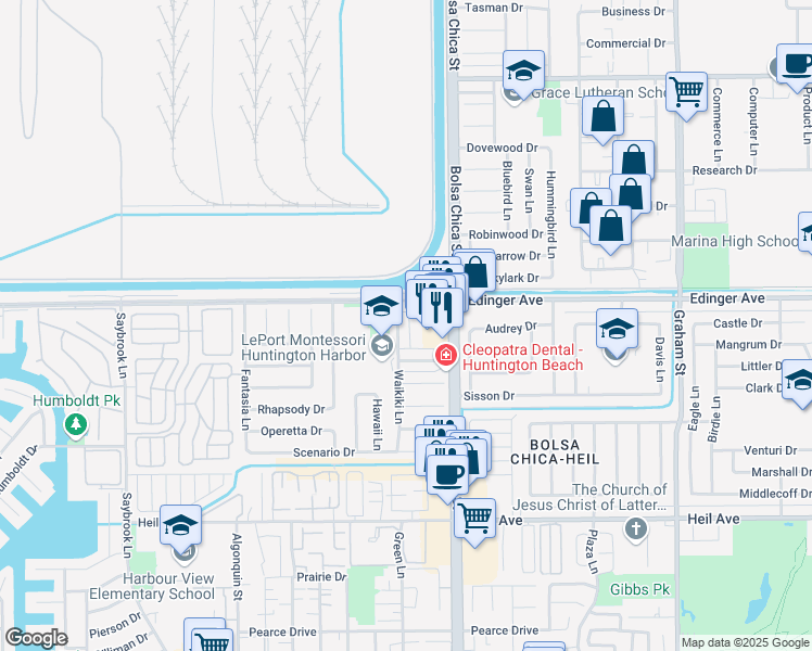 map of restaurants, bars, coffee shops, grocery stores, and more near 16041 Waikiki Lane in Huntington Beach
