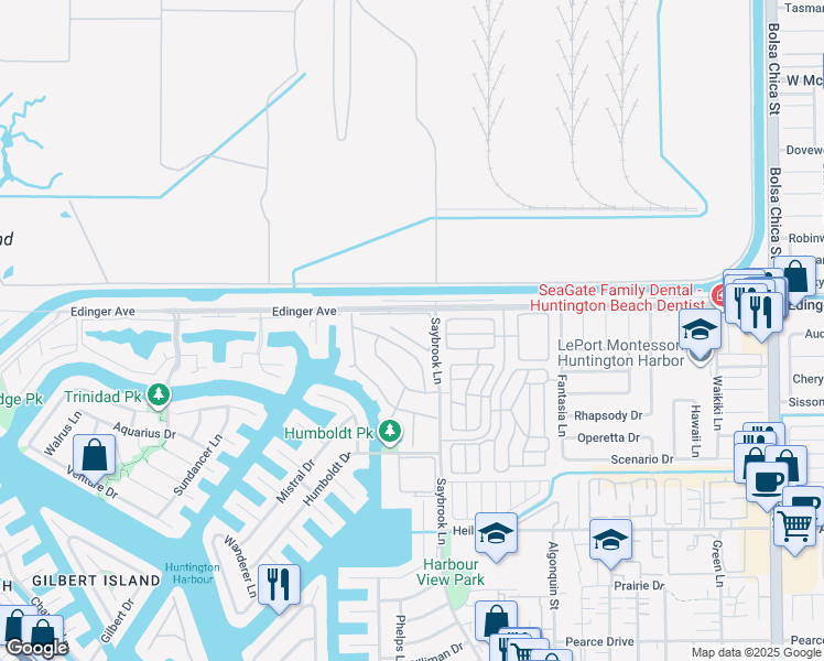map of restaurants, bars, coffee shops, grocery stores, and more near 4179 Andros Circle in Huntington Beach