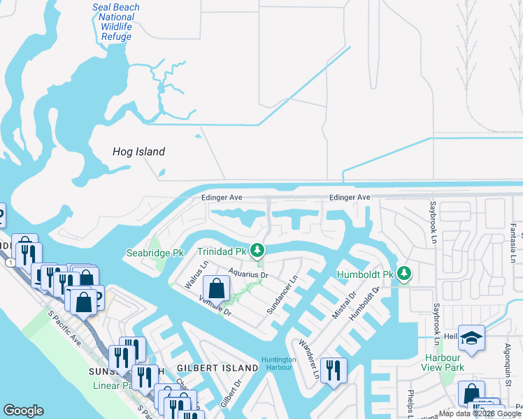map of restaurants, bars, coffee shops, grocery stores, and more near 3636 Bravata Drive in Huntington Beach
