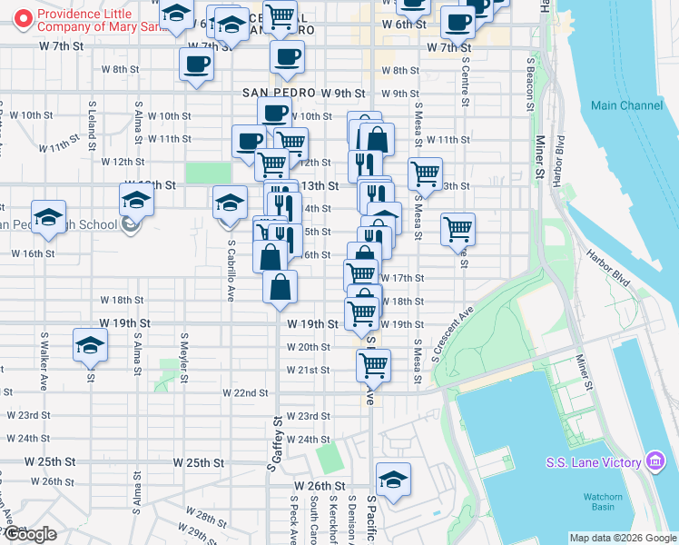 map of restaurants, bars, coffee shops, grocery stores, and more near 566 W 17th St in San Pedro