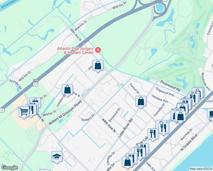 map of restaurants, bars, coffee shops, grocery stores, and more near 4708 Bermuda Way in Myrtle Beach