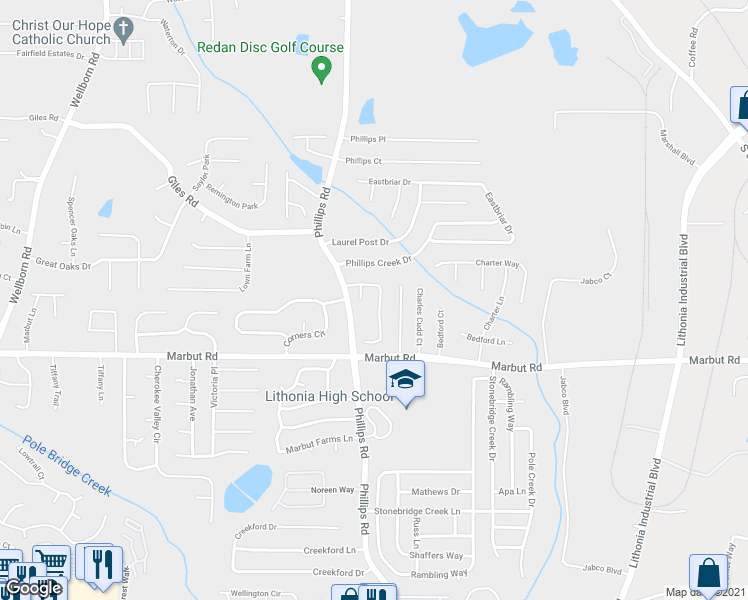 map of restaurants, bars, coffee shops, grocery stores, and more near 6351 Stablewood Way in Lithonia
