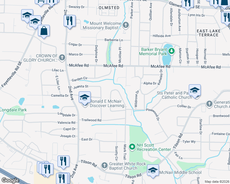 map of restaurants, bars, coffee shops, grocery stores, and more near 2079 Mark Trail in Decatur