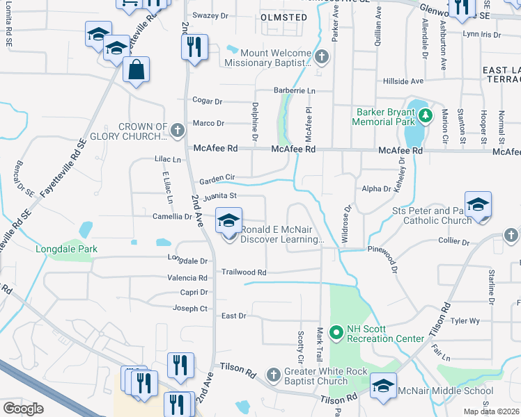 map of restaurants, bars, coffee shops, grocery stores, and more near 2113 Juanita Street in Decatur