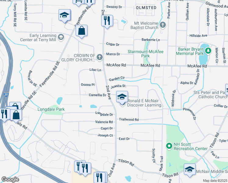 map of restaurants, bars, coffee shops, grocery stores, and more near 2002 East Camellia Drive in Decatur