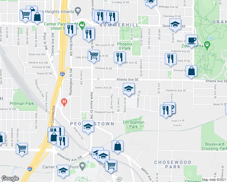 map of restaurants, bars, coffee shops, grocery stores, and more near 935 Fern Avenue Southeast in Atlanta