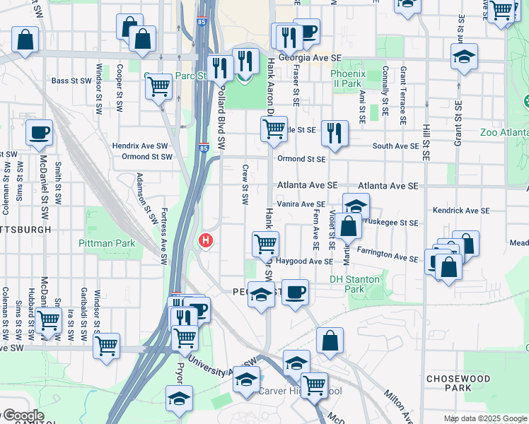 map of restaurants, bars, coffee shops, grocery stores, and more near 939 Hank Aaron Drive Southwest in Atlanta