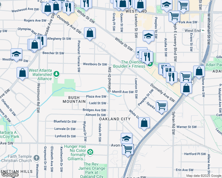map of restaurants, bars, coffee shops, grocery stores, and more near 956 Oakland Drive Southwest in Atlanta