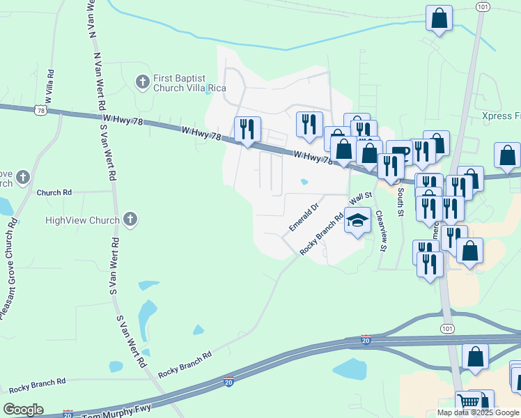 map of restaurants, bars, coffee shops, grocery stores, and more near 1217 Topaz Lane in Villa Rica