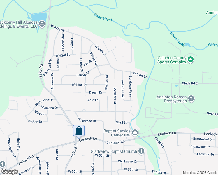 map of restaurants, bars, coffee shops, grocery stores, and more near 6111 Chartee Dr in Anniston