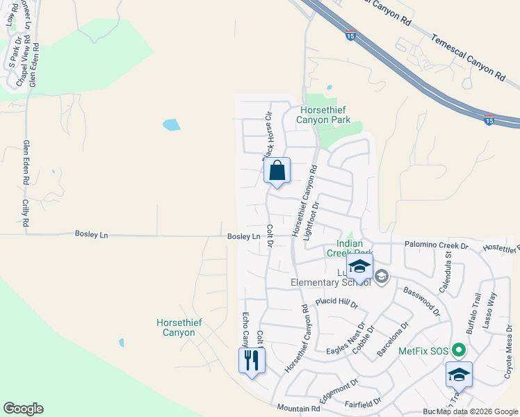 map of restaurants, bars, coffee shops, grocery stores, and more near 26880 Filly Court in Corona
