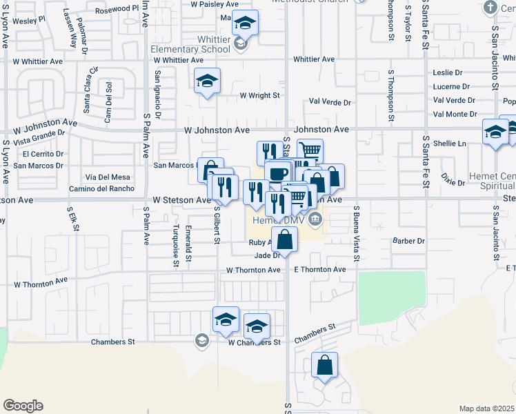 map of restaurants, bars, coffee shops, grocery stores, and more near 1123 South State Street in Hemet