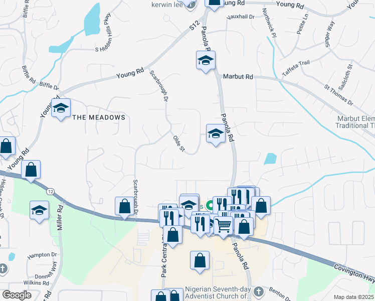 map of restaurants, bars, coffee shops, grocery stores, and more near 5369 Olde Street in Stone Mountain