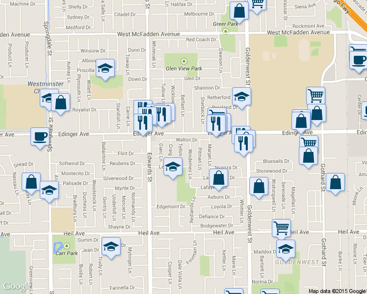 map of restaurants, bars, coffee shops, grocery stores, and more near 16062 Tellim Lane in Huntington Beach