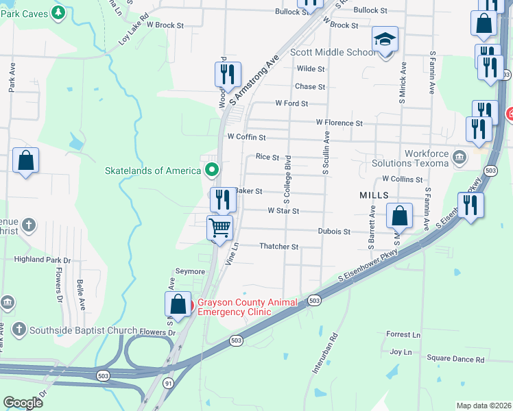map of restaurants, bars, coffee shops, grocery stores, and more near 1047 West Star Street in Denison