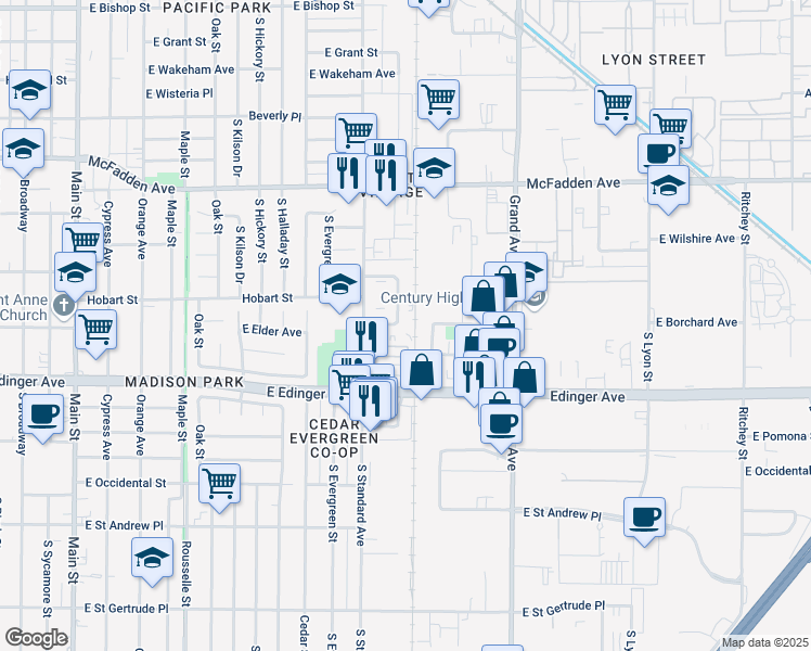map of restaurants, bars, coffee shops, grocery stores, and more near 1439 South Minnie Street in Santa Ana