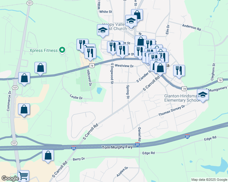 map of restaurants, bars, coffee shops, grocery stores, and more near 612 South Dogwood Street in Villa Rica