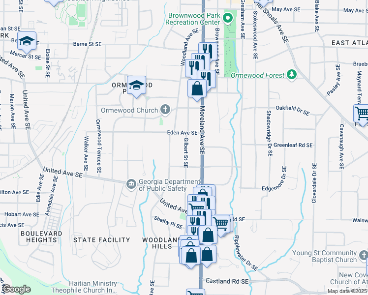 map of restaurants, bars, coffee shops, grocery stores, and more near 933 Gilbert Street Southeast in Atlanta