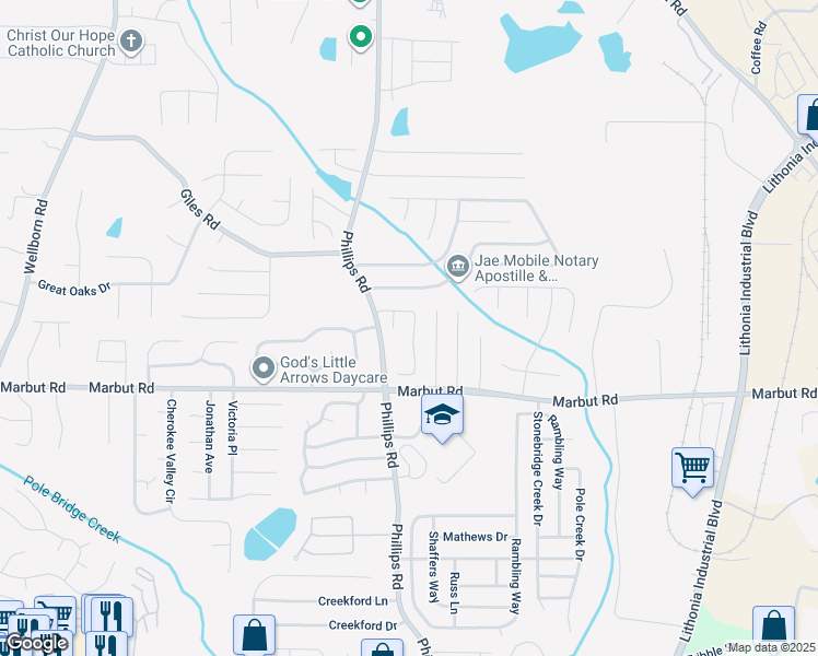map of restaurants, bars, coffee shops, grocery stores, and more near 6351 Stablewood Way in Lithonia