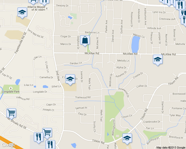 map of restaurants, bars, coffee shops, grocery stores, and more near 2079 Mark Trail in Decatur