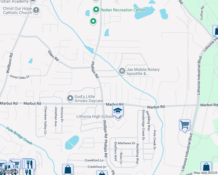 map of restaurants, bars, coffee shops, grocery stores, and more near 6352 Stablewood Way in Lithonia
