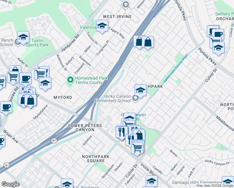 map of restaurants, bars, coffee shops, grocery stores, and more near 1001 Terra Bella in Irvine