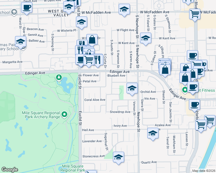 map of restaurants, bars, coffee shops, grocery stores, and more near 16130 Mount Hicks Street in Fountain Valley