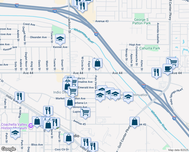 map of restaurants, bars, coffee shops, grocery stores, and more near 44093 Palo Verde Street in Indio
