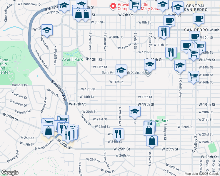 map of restaurants, bars, coffee shops, grocery stores, and more near 1266 West 17th Street in Los Angeles