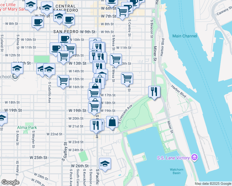 map of restaurants, bars, coffee shops, grocery stores, and more near 378 West 17th Street in Los Angeles
