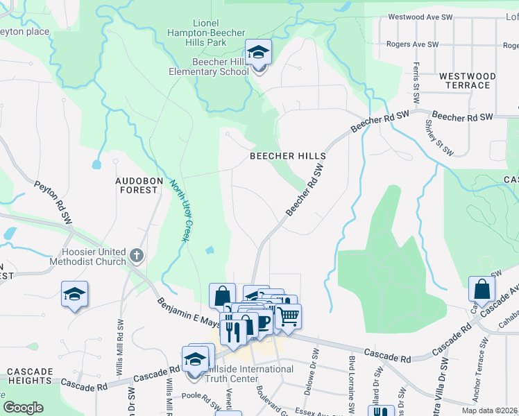 map of restaurants, bars, coffee shops, grocery stores, and more near 2312 Highview Road Southwest in Atlanta