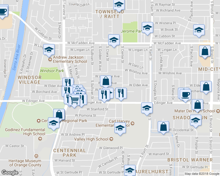 map of restaurants, bars, coffee shops, grocery stores, and more near 2305 West Borchard Avenue in Santa Ana