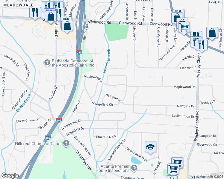 map of restaurants, bars, coffee shops, grocery stores, and more near 1905 Maplewood Court in Decatur