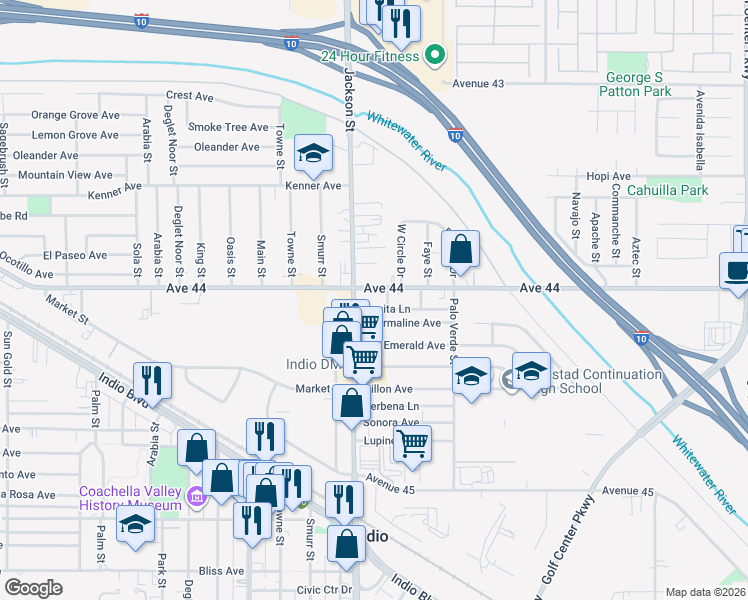 map of restaurants, bars, coffee shops, grocery stores, and more near 83037 Avenue 44 in Indio