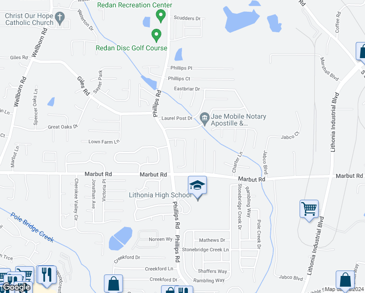 map of restaurants, bars, coffee shops, grocery stores, and more near 6351 Stablewood Way in Lithonia