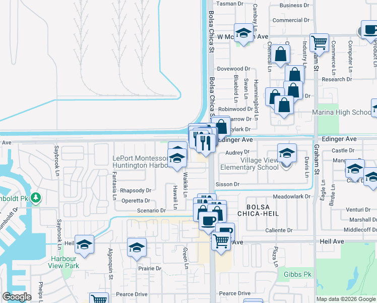 map of restaurants, bars, coffee shops, grocery stores, and more near 16052 Waikiki Lane in Huntington Beach