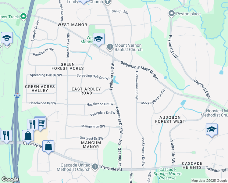 map of restaurants, bars, coffee shops, grocery stores, and more near 980 Lynhurst Drive Southwest in Atlanta