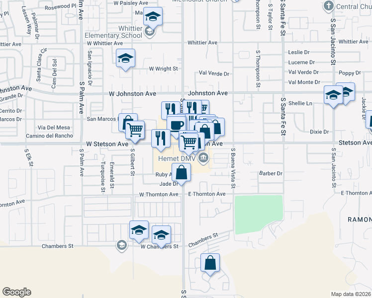 map of restaurants, bars, coffee shops, grocery stores, and more near in Hemet